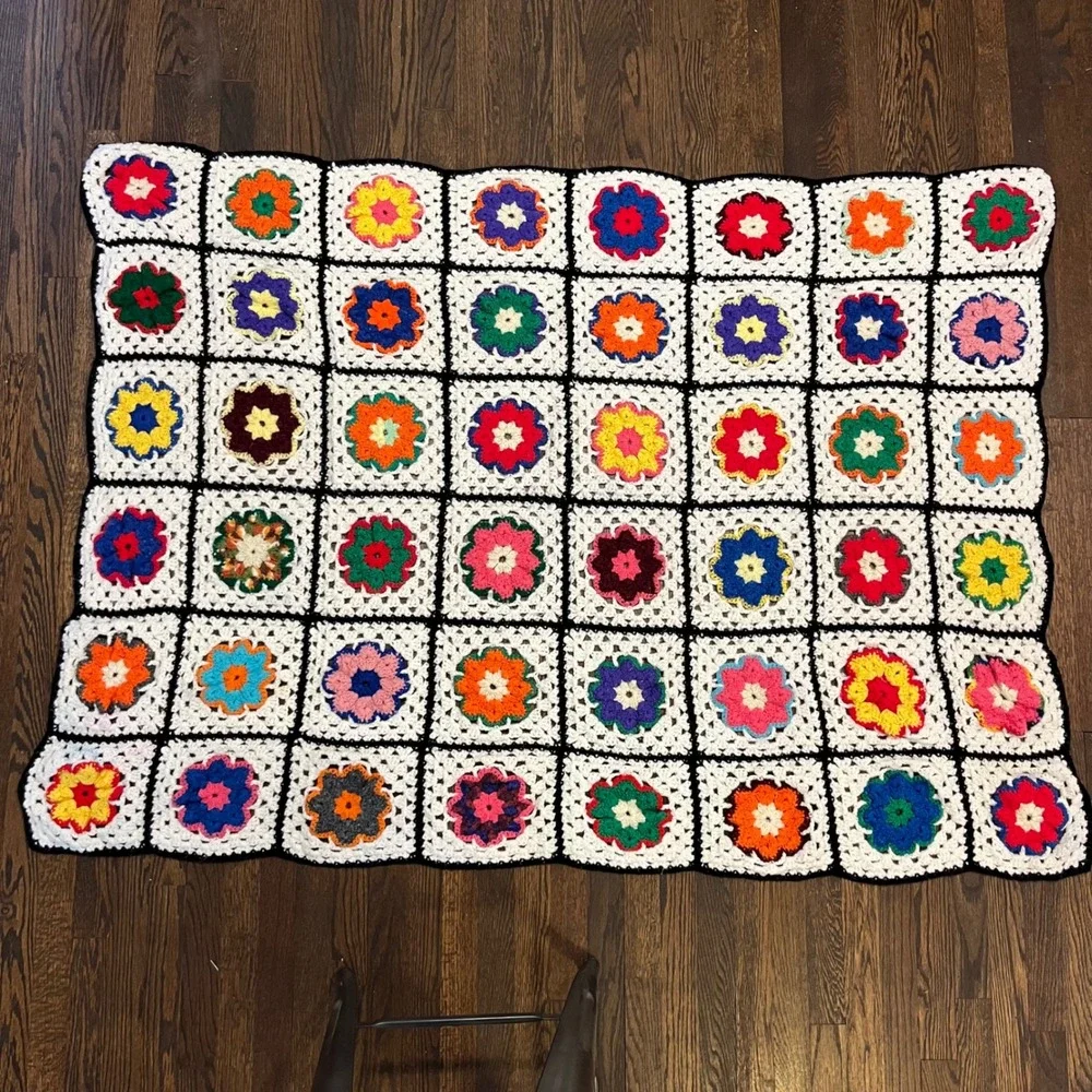 Handmade Crochet Granny Square Floral Blanket Afghan Multicolor Boho 48